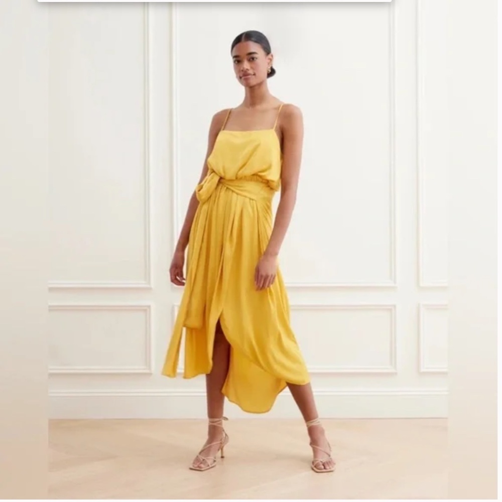 Modern Citizen Mila Layered Tank Dress in marigold Satin Midi Draped Waist tie